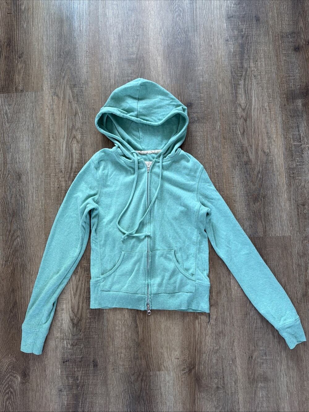 Y2K Grane Sz M Aqua Full Zip Hoodie Floral Trim Boho Coastal Cottagecore Stretch